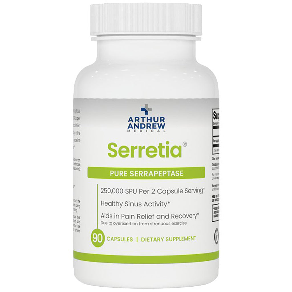 Supplement bottle labeled 'Serretia' by Arthur Andrew Medical on a white background