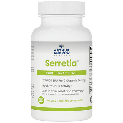Supplement bottle labeled 'Serretia' by Arthur Andrew Medical on a white background