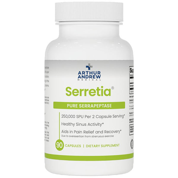 Supplement bottle labeled 'Serretia' by Arthur Andrew Medical on a white background