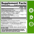 Supplement facts label with green border and certification logos on a white background