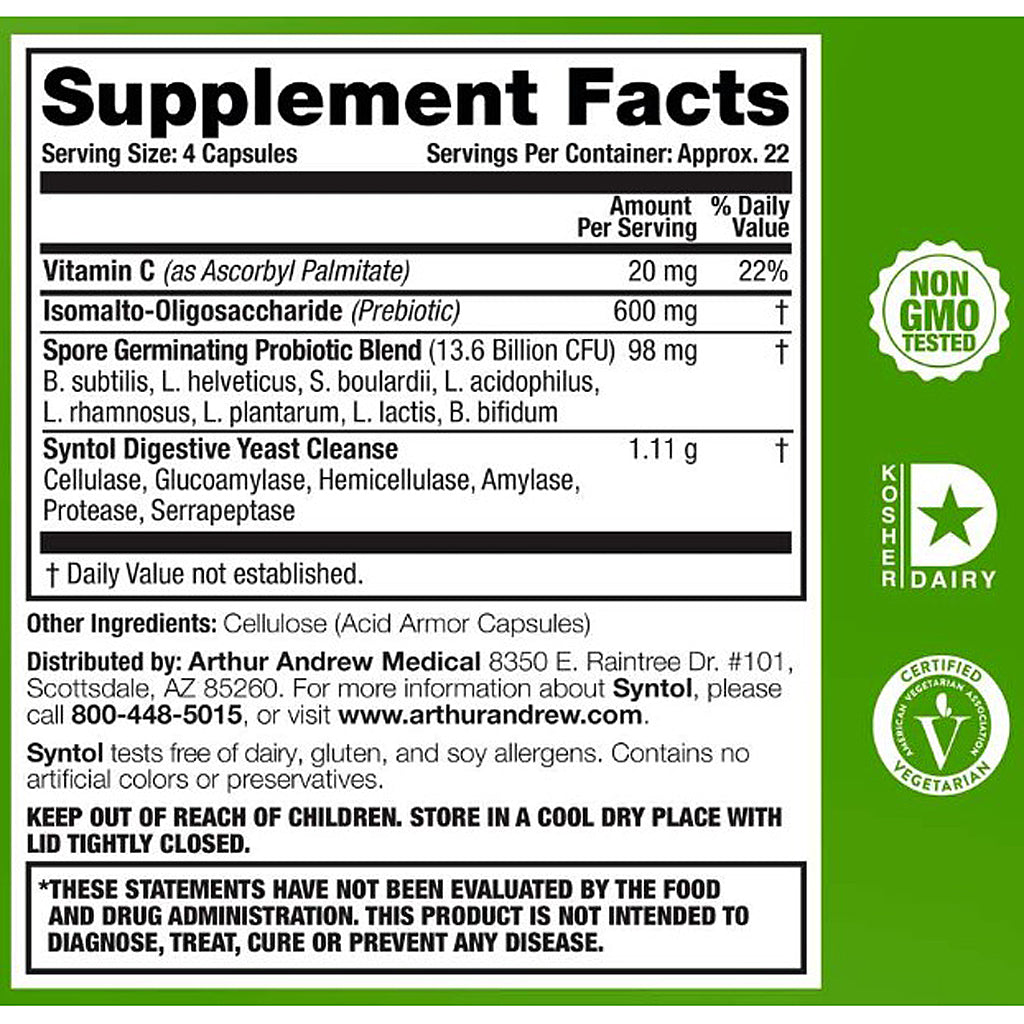 Supplement facts label with green border and certification logos on a white background