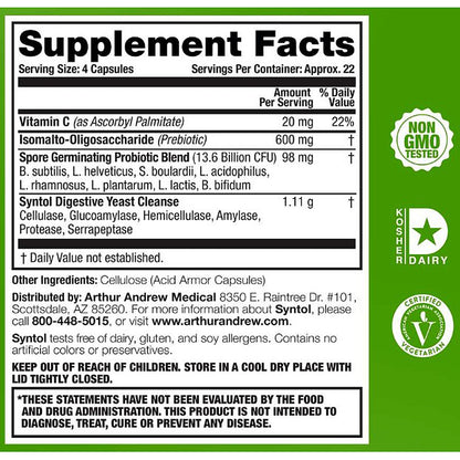 Supplement facts label with green border and certification logos on a white background