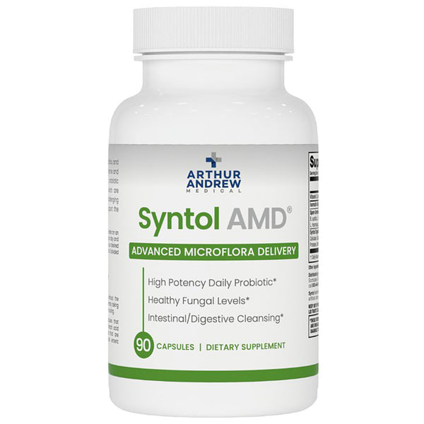 Supplement bottle labeled 'Syntol AMD' by Arthur Andrew Medical on a white background