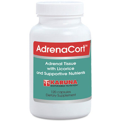 A bottle of Karuna AdrenaCort Adrenal Tissue with Licorice and Supportive Nutrients, displaying the product name, brand, and dosage information.