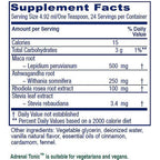 Supplement facts label for a product containing maca root, ashwagandha root, rhodiola rosea root extract, and stevia leaf extract.