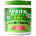 A white plastic tub of Amazing Grass Kidz Super Greens Berry Blast drink mix with a bright green lid and a green label featuring strawberries and red berry graphics.