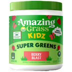 A white plastic tub of Amazing Grass Kidz Super Greens Berry Blast drink mix with a bright green lid and a green label featuring strawberries and red berry graphics.