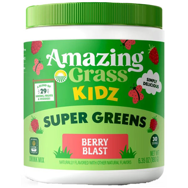 A white plastic tub of Amazing Grass Kidz Super Greens Berry Blast drink mix with a bright green lid and a green label featuring strawberries and red berry graphics.
