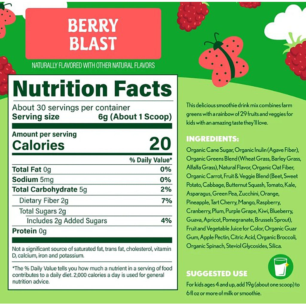 A green and white product packaging graphic for Berry Blast smoothie mix, featuring a large Nutrition Facts panel on the left and product details, ingredients list, and suggested use on the right. The brand name 'BERRY BLAST' is displayed in a red banner at the top with illustrations of strawberries.