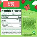 A green and white product packaging graphic for Berry Blast smoothie mix, featuring a large Nutrition Facts panel on the left and product details, ingredients list, and suggested use on the right. The brand name 'BERRY BLAST' is displayed in a red banner at the top with illustrations of strawberries.
