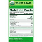 Nutrition facts label for USDA Organic wheat grass on a green background
