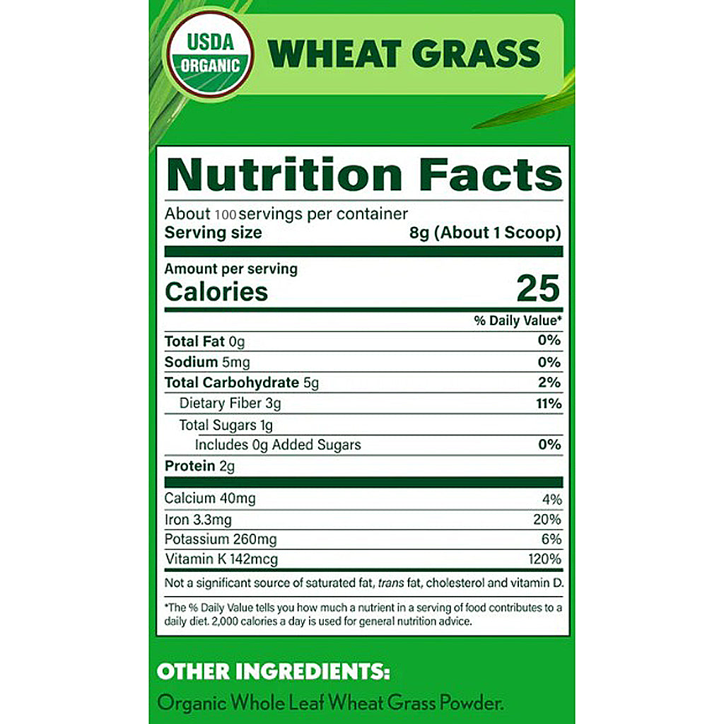 Nutrition facts label for USDA Organic wheat grass on a green background