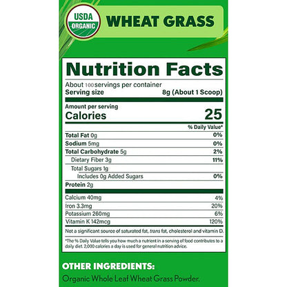 Nutrition facts label for USDA Organic wheat grass on a green background