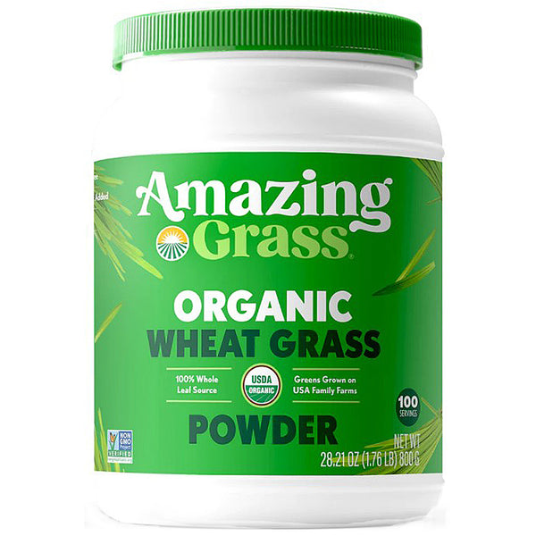 Container of Amazing Grass Organic Wheat Grass Powder on a white background