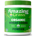 Container of Amazing Grass organic wheat grass powder with a green lid on a white background