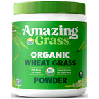 Container of Amazing Grass organic wheat grass powder with a green lid on a white background
