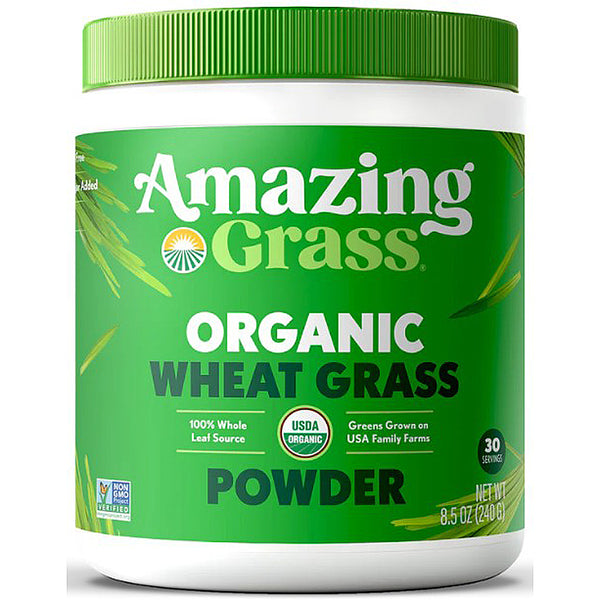 Container of Amazing Grass organic wheat grass powder with a green lid on a white background