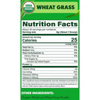 Nutrition facts label for wheat grass powder with USDA Organic logo on a green background
