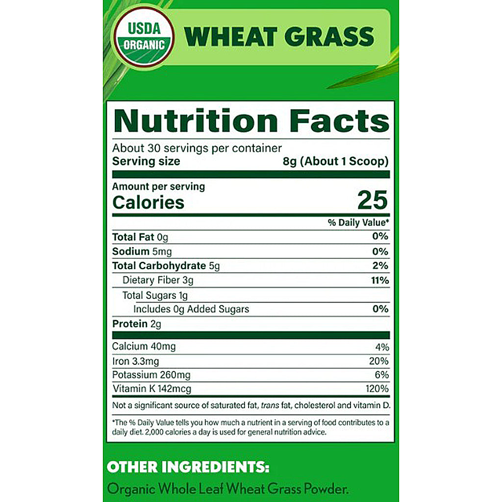 Nutrition facts label for wheat grass powder with USDA Organic logo on a green background