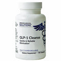 A white plastic bottle of GLP-1 Cleanse dietary supplement by Approved Medical Solutions, featuring a white cap and a white label with blue text and a winged caduceus symbol.