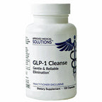 A white plastic bottle of GLP-1 Cleanse dietary supplement by Approved Medical Solutions, featuring a white cap and a white label with blue text and a winged caduceus symbol.