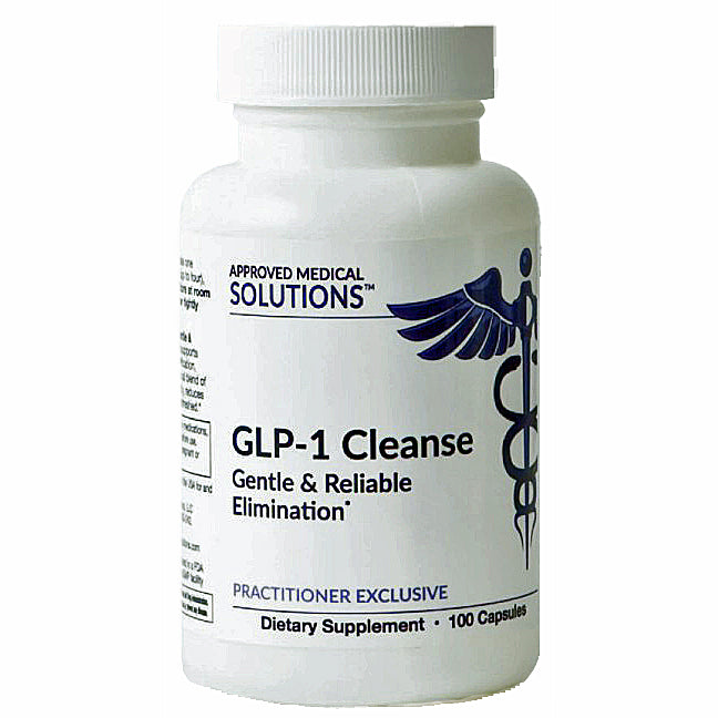 A white plastic bottle of GLP-1 Cleanse dietary supplement by Approved Medical Solutions, featuring a white cap and a white label with blue text and a winged caduceus symbol.