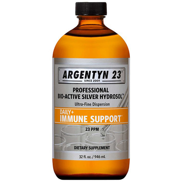 Bottle of Argentyn 23 with a label on a white background