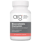 A white plastic bottle of Arg Allergy Research Group Bioavailable Curcumin dietary supplement, featuring a white, gray, and coral pink label.