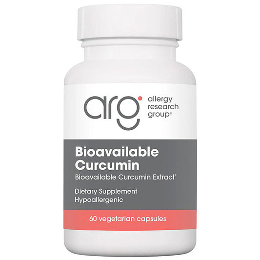 A white plastic bottle of Arg Allergy Research Group Bioavailable Curcumin dietary supplement, featuring a white, gray, and coral pink label.