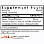 Meriva Turmeric Phytosome Supplement Facts label showing serving size 1 capsule, 60 servings per container, 500 mg, with other ingredients listed below on a white background.