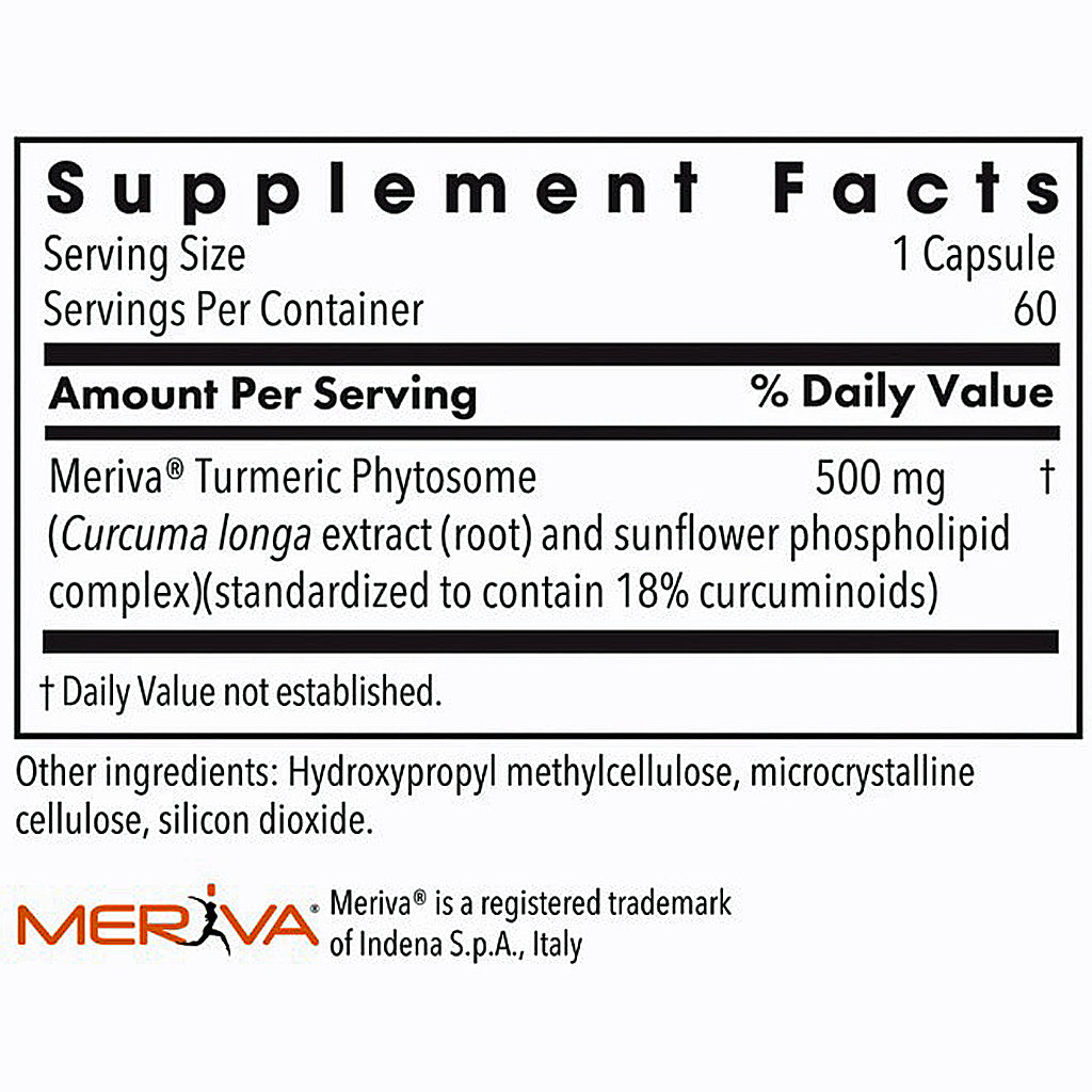 Meriva Turmeric Phytosome Supplement Facts label showing serving size 1 capsule, 60 servings per container, 500 mg, with other ingredients listed below on a white background.