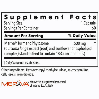 Meriva Turmeric Phytosome Supplement Facts label showing serving size 1 capsule, 60 servings per container, 500 mg, with other ingredients listed below on a white background.