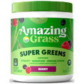 Amazing Grass Super Greens supplement container with green lid and label on a white background