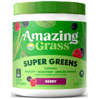 Amazing Grass Super Greens supplement container with green lid and label on a white background