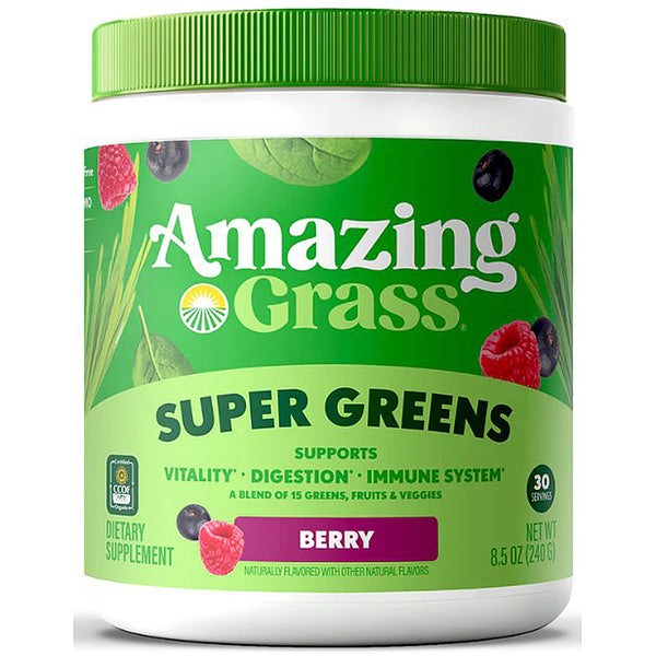 Amazing Grass Super Greens supplement container with green lid and label on a white background