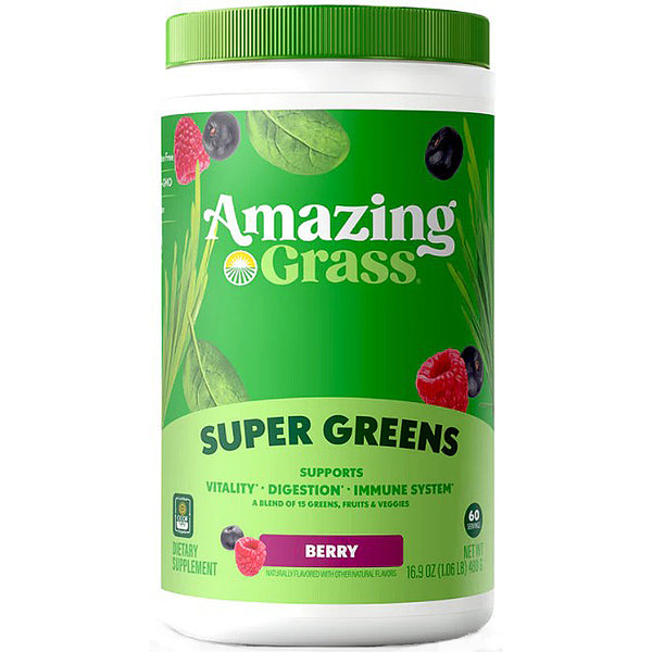 Amazing Grass Super Greens supplement container with green lid and label on a white background