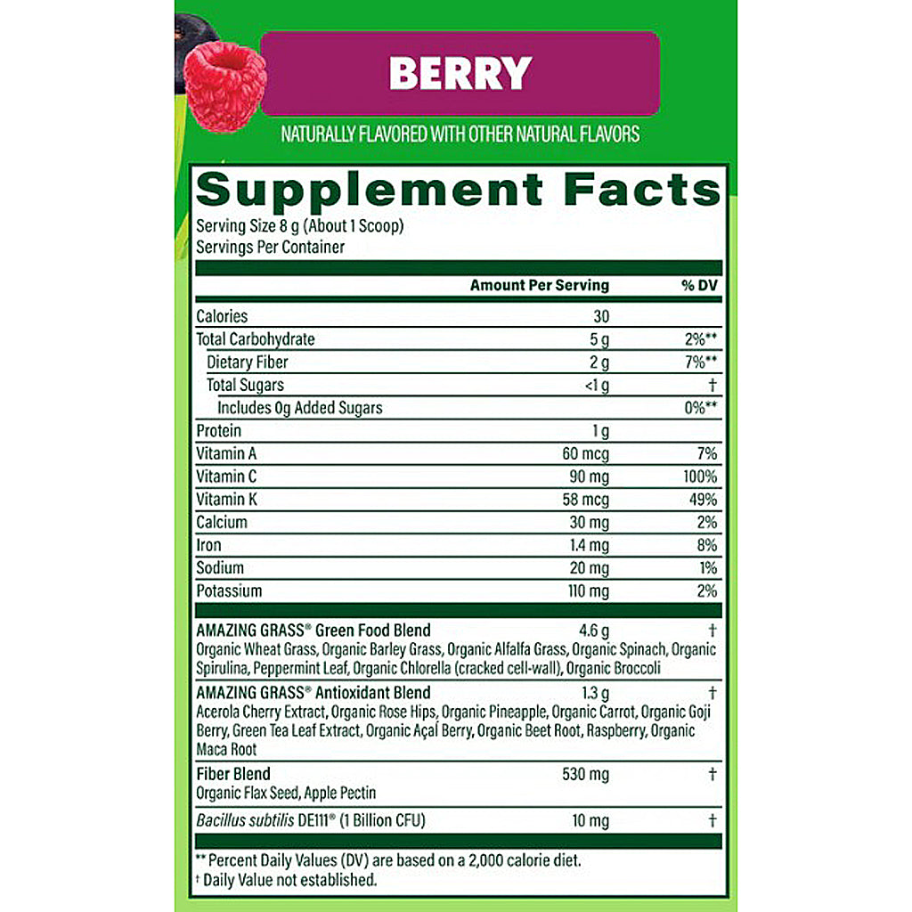 Supplement facts label for a berry-flavored product with green background