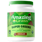 Container of Amazing Grass Super Greens supplement with a green lid on a white background