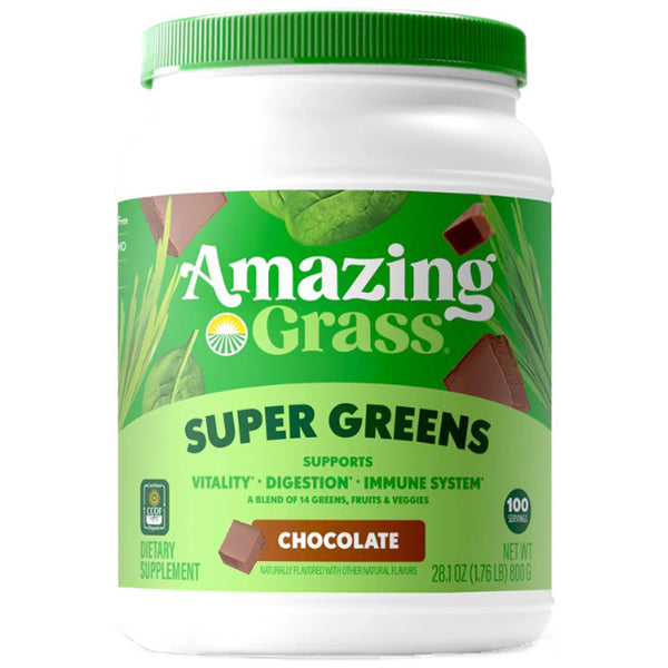 Container of Amazing Grass Super Greens supplement with a green lid on a white background