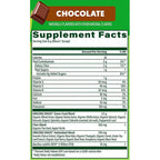 Supplement facts label for a chocolate-flavored product with a green background