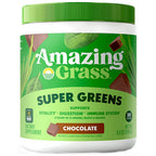 Amazing Grass Super Greens supplement container with green lid and label on a white background