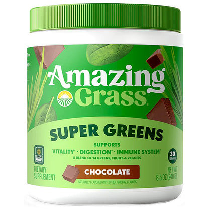 Amazing Grass Super Greens supplement container with green lid and label on a white background