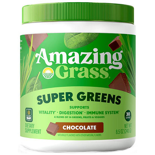 Amazing Grass Super Greens supplement container with green lid and label on a white background