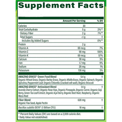 Supplement facts label for a green food blend with detailed nutritional information.