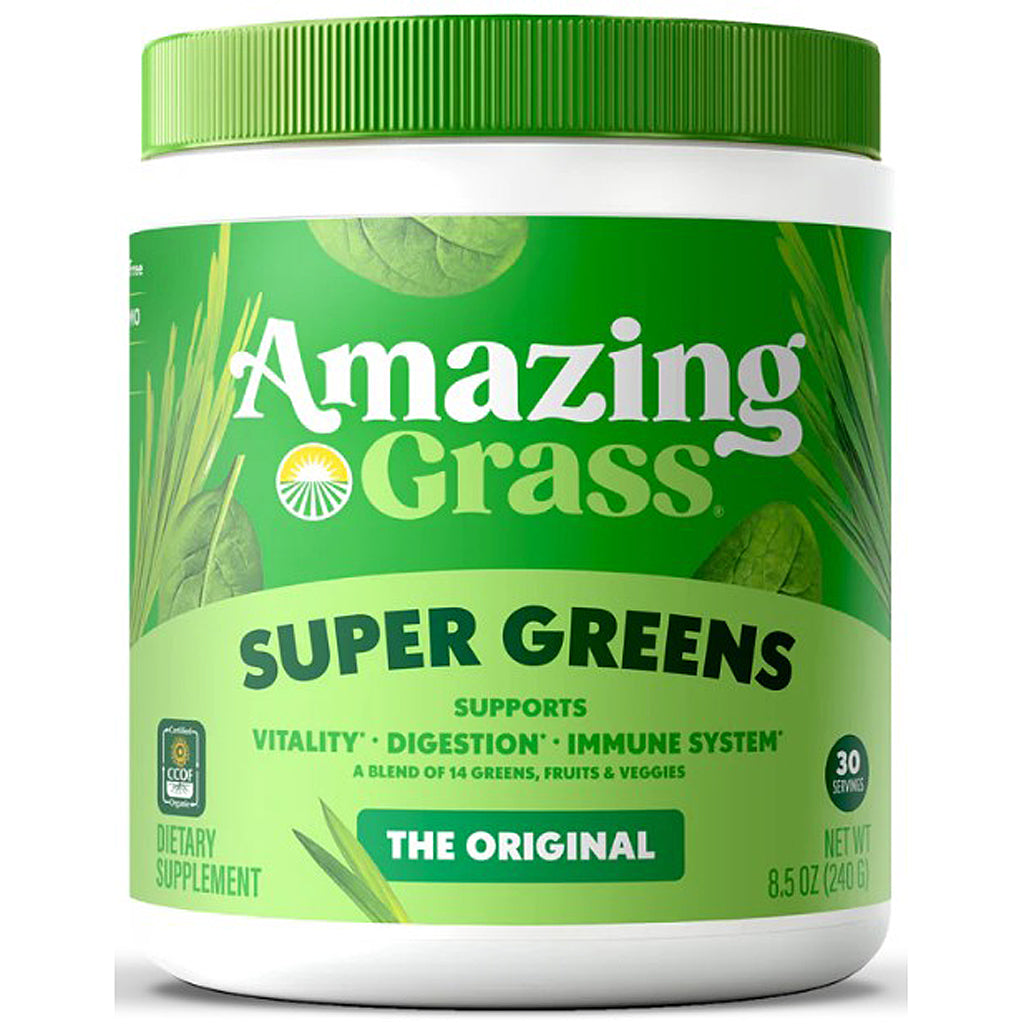 Amazing Grass Super Greens dietary supplement container on a white background
