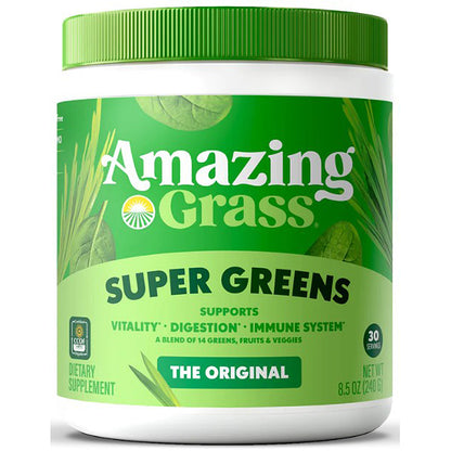 Amazing Grass Super Greens dietary supplement container on a white background