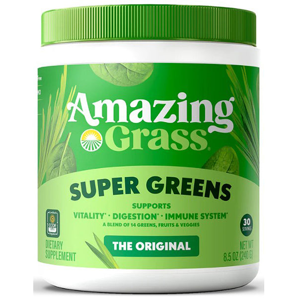 Amazing Grass Super Greens dietary supplement container on a white background