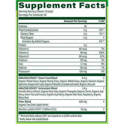 Supplement facts label with detailed nutritional information on a white background
