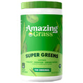 Green supplement container labeled 'Amazing Grass Super Greens' on a white background