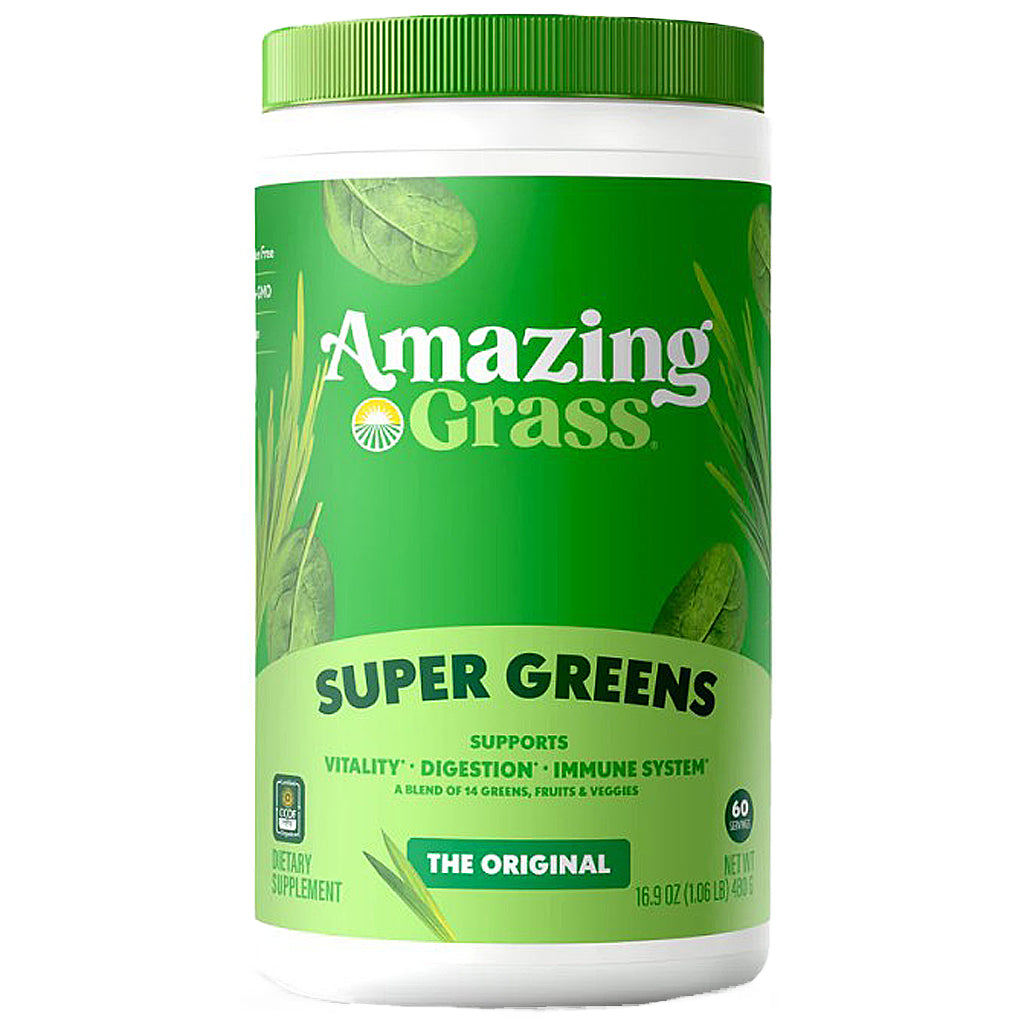 Green supplement container labeled 'Amazing Grass Super Greens' on a white background